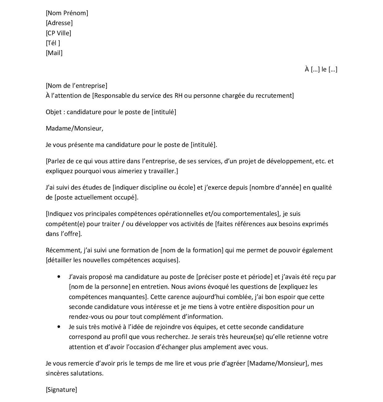 Exemple de lettre de motivation pour repostuler dans une entreprise