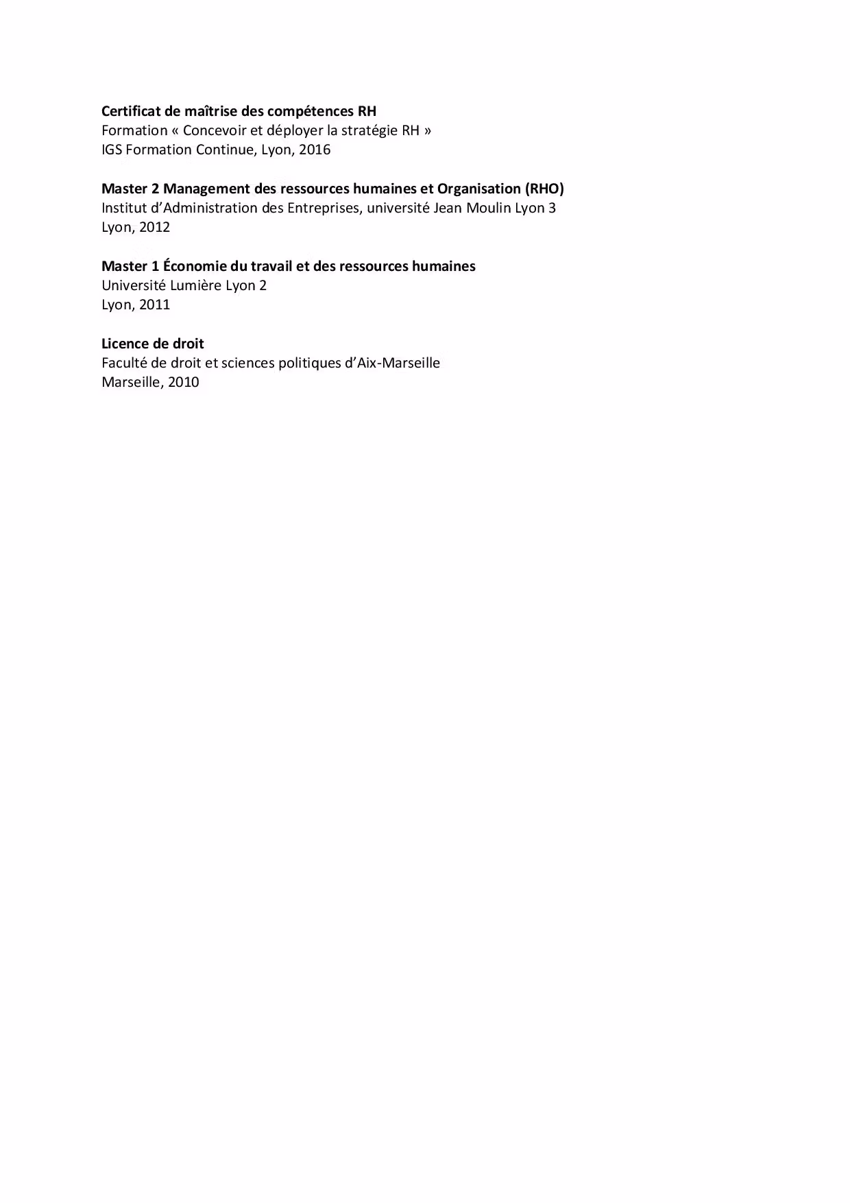 Exemple rubrique Formation sur un CV