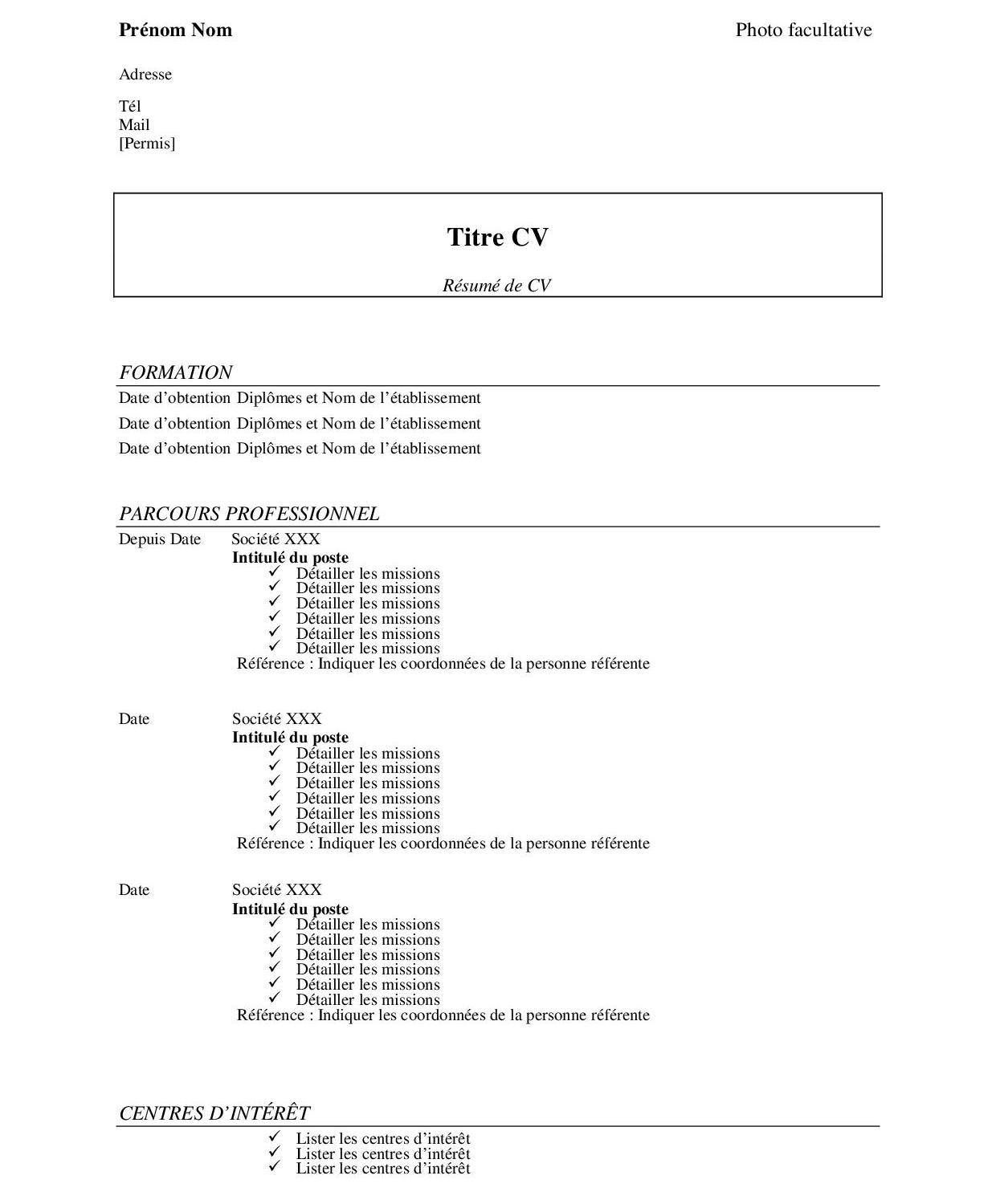Trame de CV classique sur Word