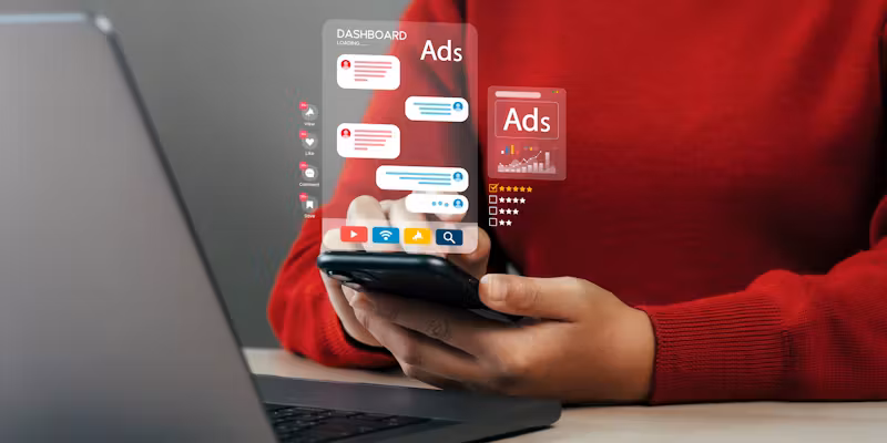 Une personne avec pull rouge utilise son téléphone devant son ordinateur portable.