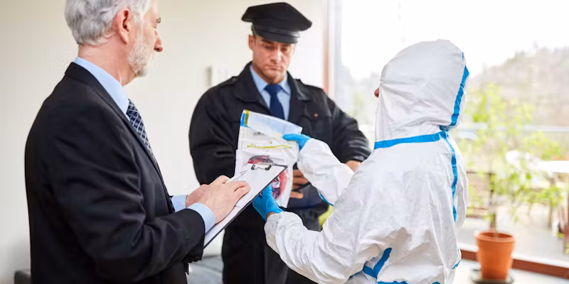 Un homme avec deux personnes sur une scène de crime.