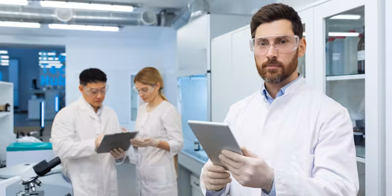 Un homme dans un laboratoire avec deux personnes en arrière plan.