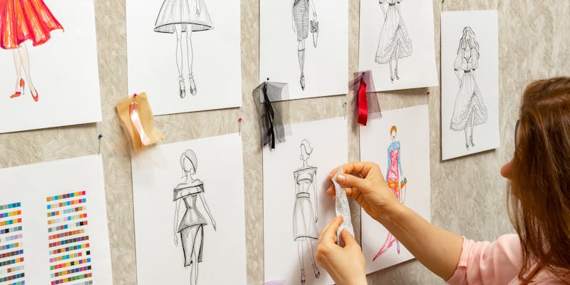 Une femme qui accroche des matières de vetements sur son croquis.
