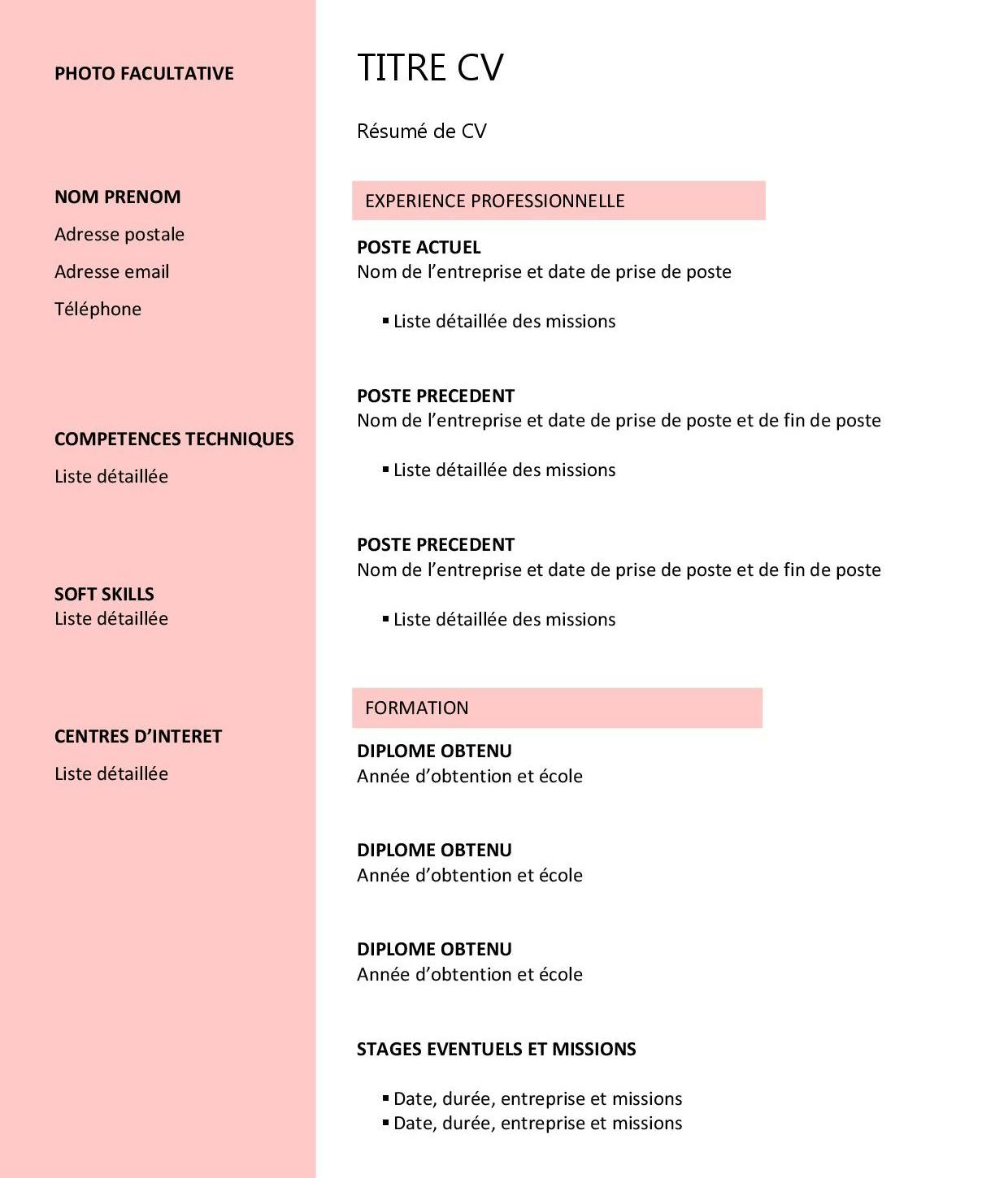 Trame de CV moderne sur Word